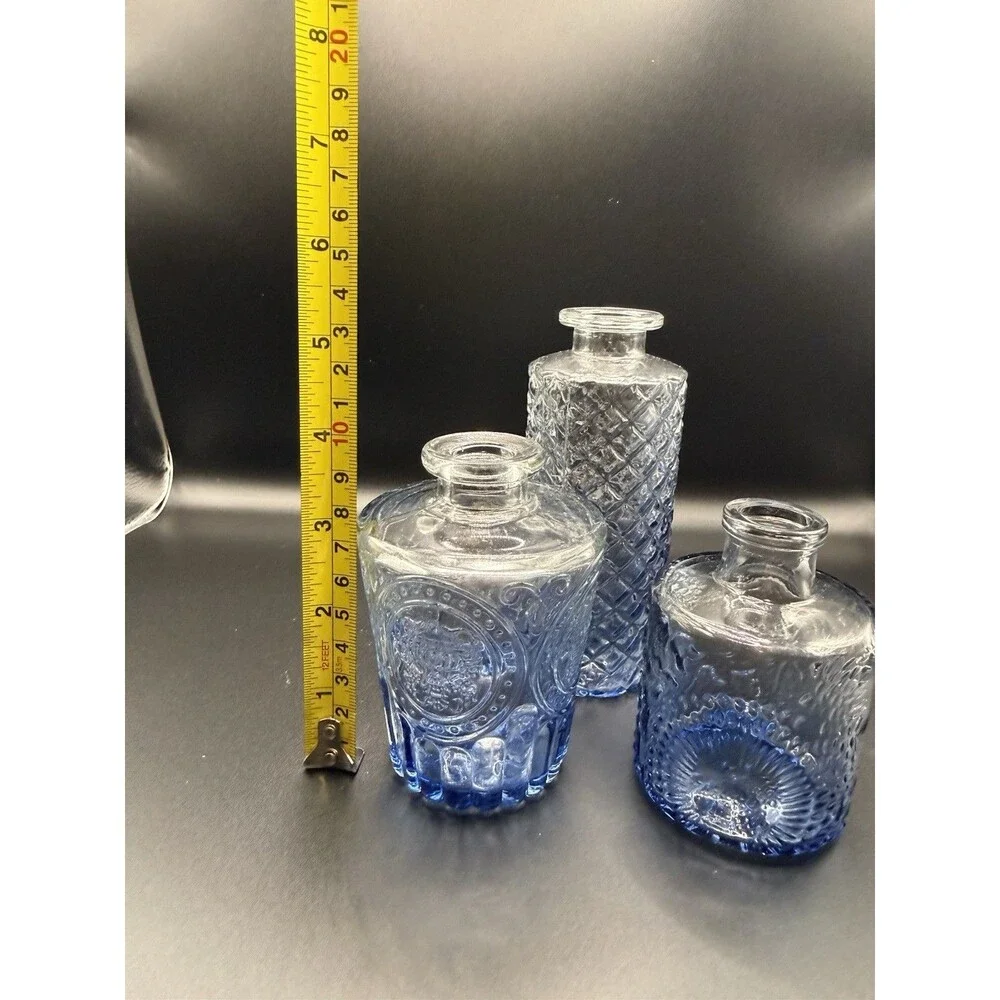 Lot Of 3 Vintage Style Blue Glass Bud Vases Bottles Shabby Chic Cottagecore